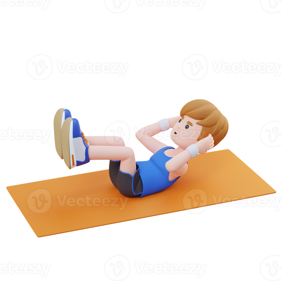 Perfect Abs 3D Sporty Male Character Excelling in Raised Leg Crunch at the Gym png