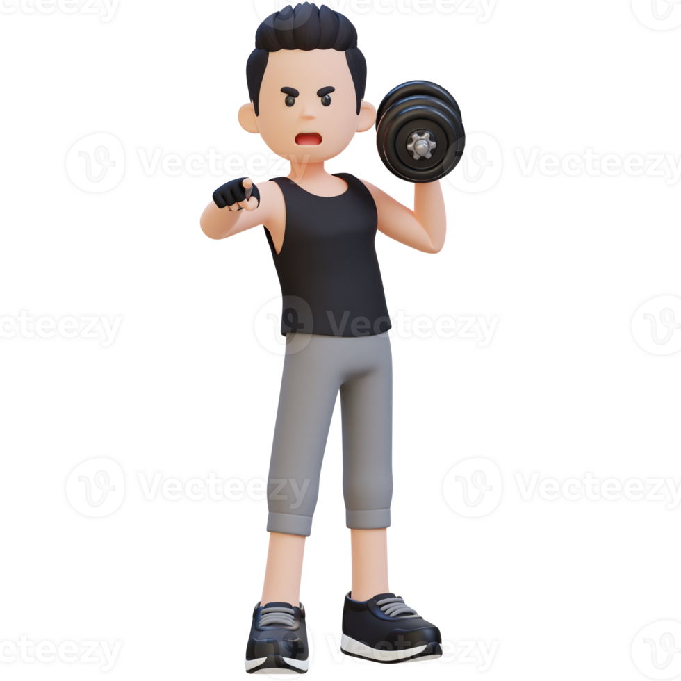 3D Screaming Sportsman Character Engaging Viewers While Holding Dumbbell png