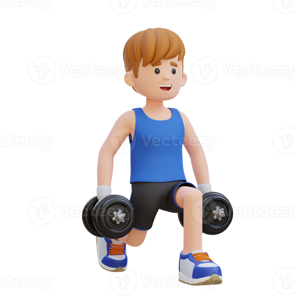 3D Sportsman Character Performing Dumbbell Split Squats left png