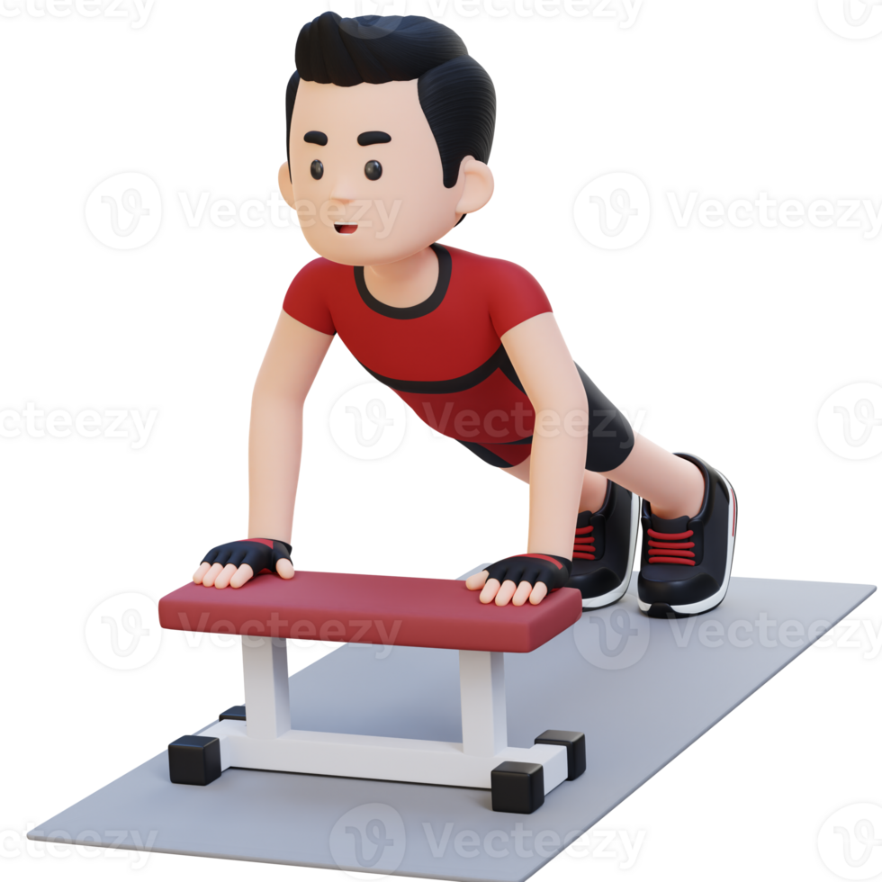 3D Sporty Male Character Performing Inline Push Up Exercise at the Gym png