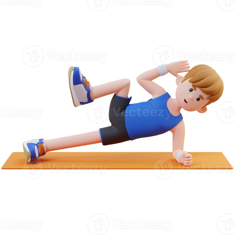 Energetic 3D Sporty Male Character Nailing the Abs Side Plank Crunch Workout at the Gym png