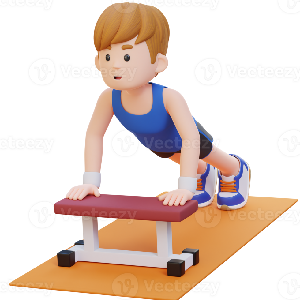 3d sportif Masculin personnage performant en ligne pousser en haut exercice à le Gym png