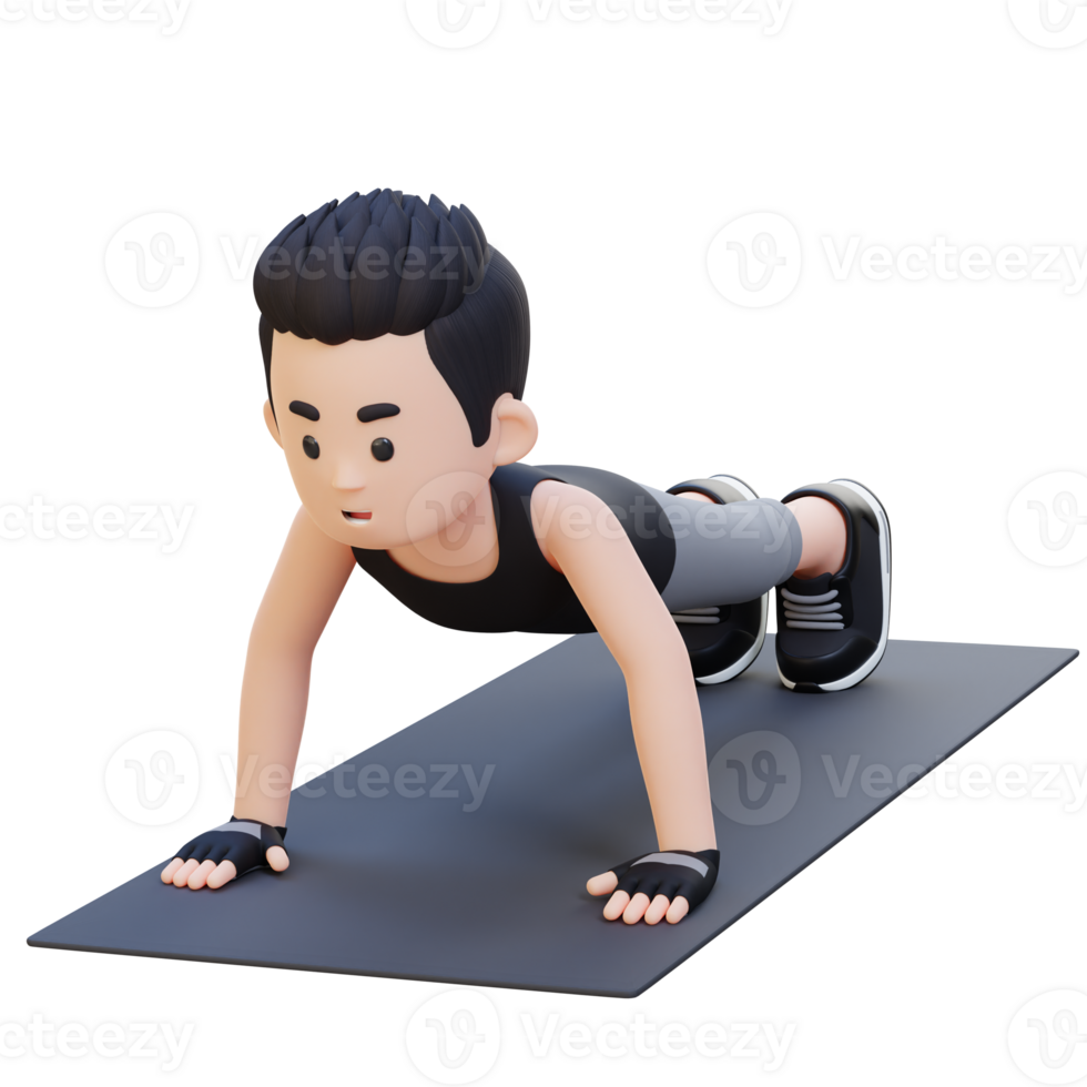 3D Sporty Male Character Performing Standard Push Up Exercise at Home Gym png