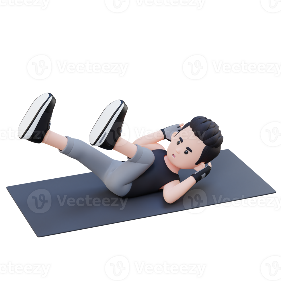 Perfect Abs 3D Sporty Male Character Mastering Bicycle Crunch at the Gym png