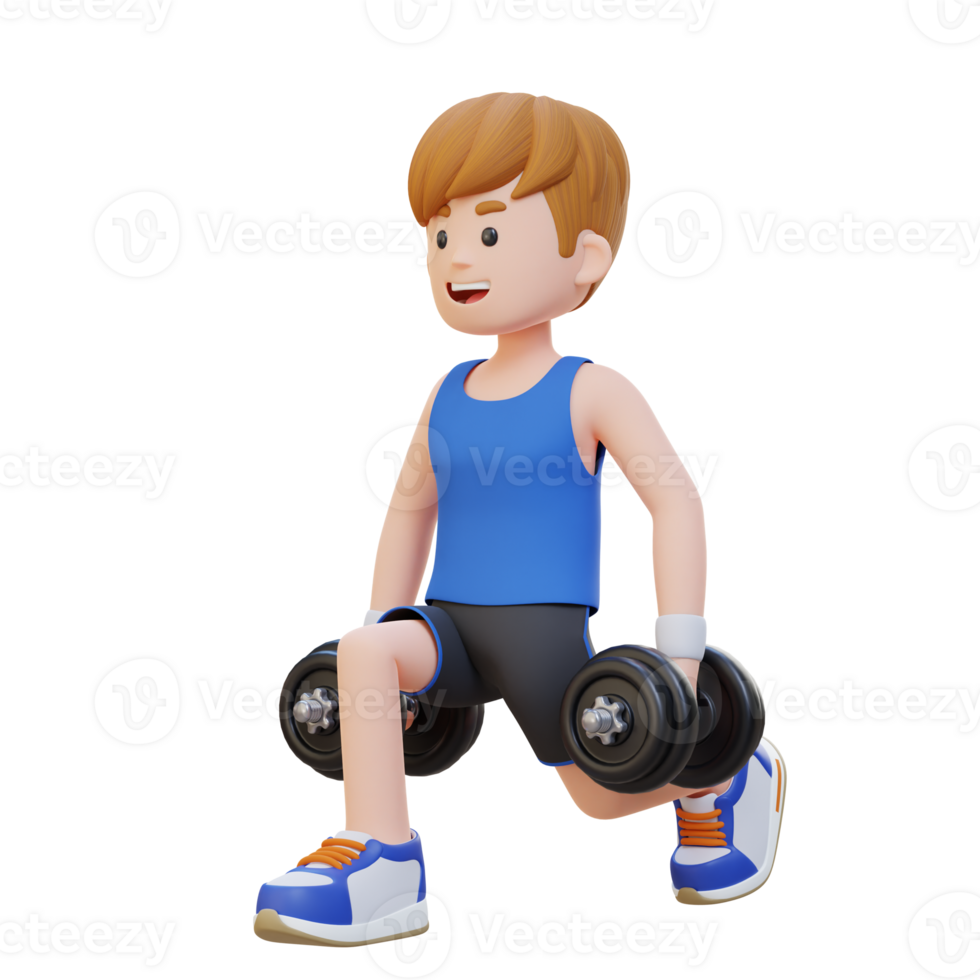 3D Sportsman Character Performing Dumbbell Split Squats right png
