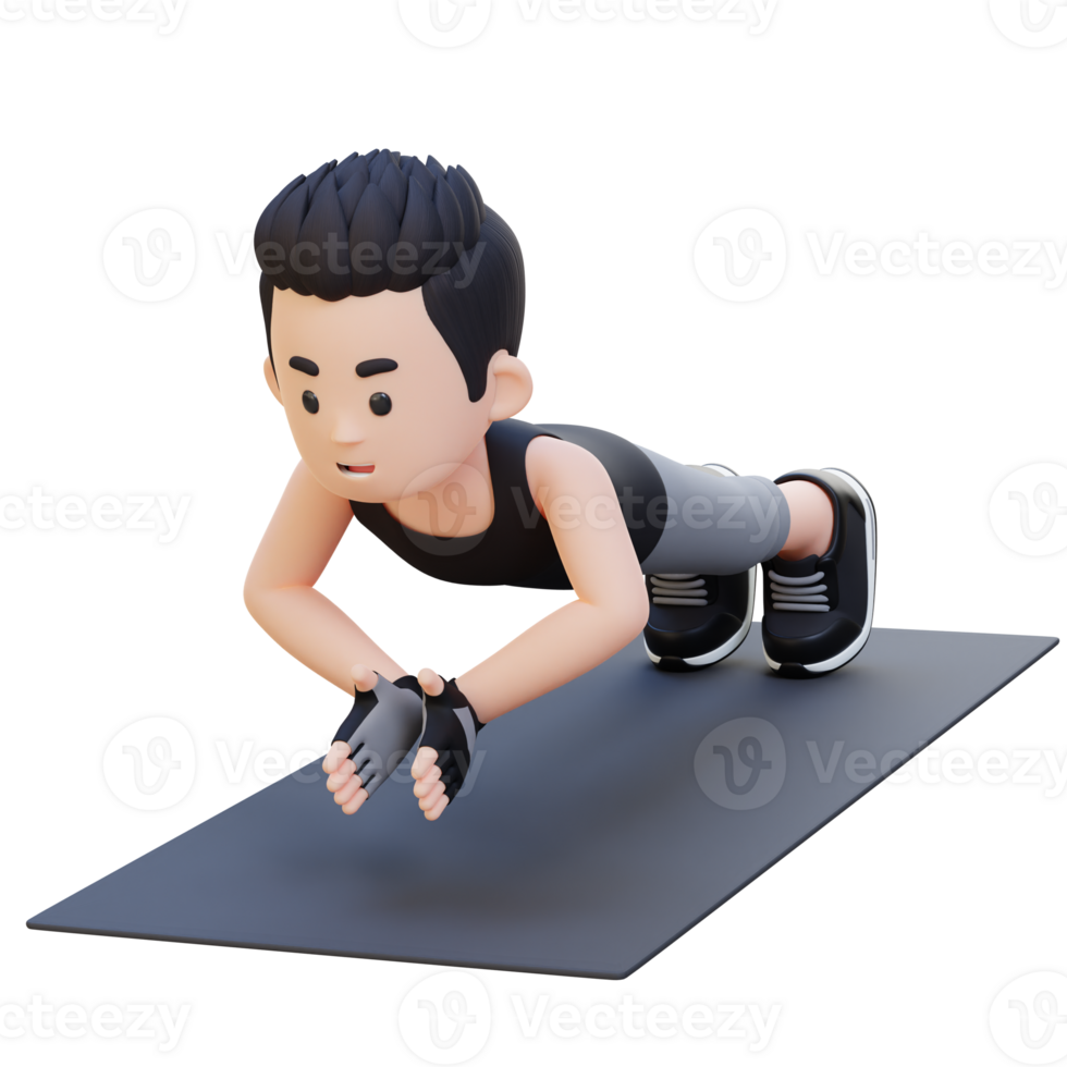 3D Sporty Male Character Performing Clap Push Up Exercise at Home Gym png