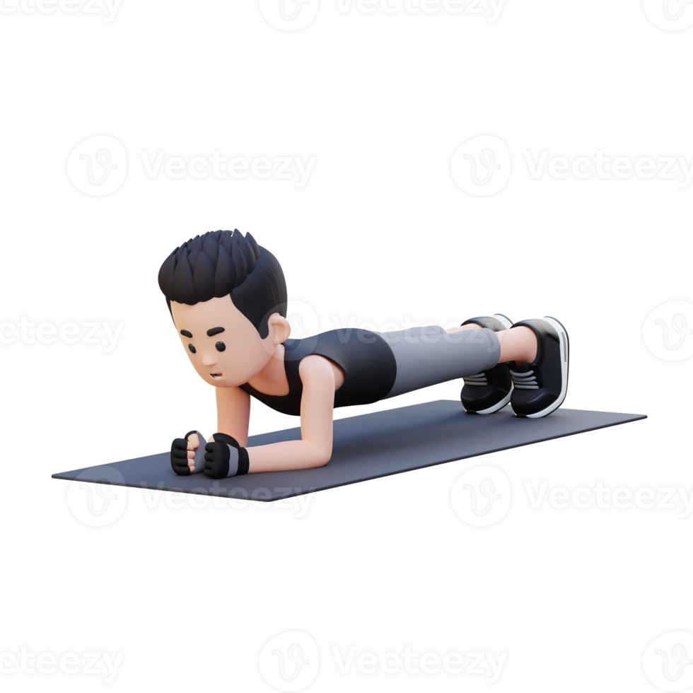 Dynamic 3D Sporty Male Character Nailing the Plank Pose at Home Gym png