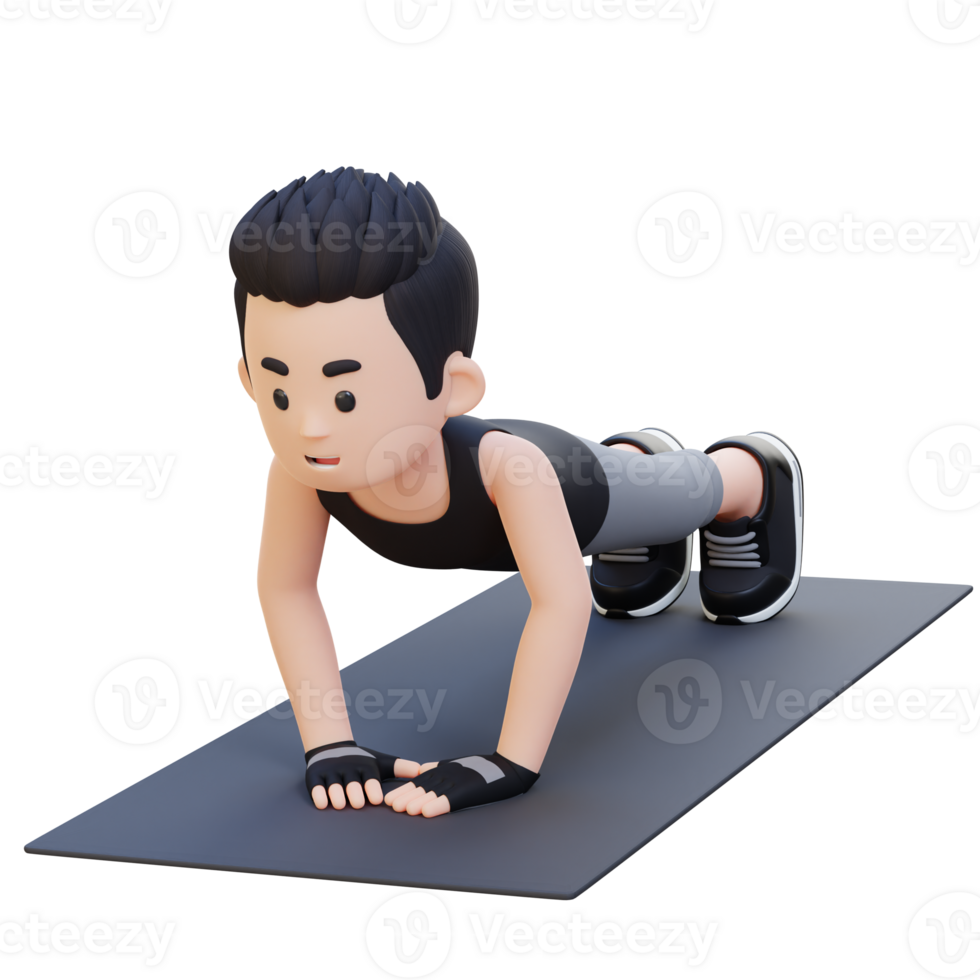 3D Sporty Male Character Performing Close Grip Push Up Exercise at Home Gym png