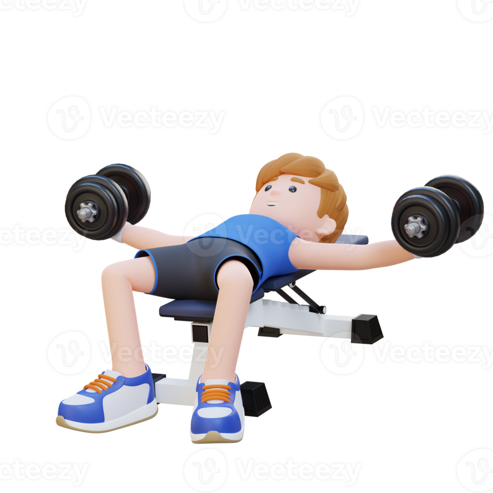 3d deportista personaje esculpir muscular cofre con pesa banco cofre mosca png