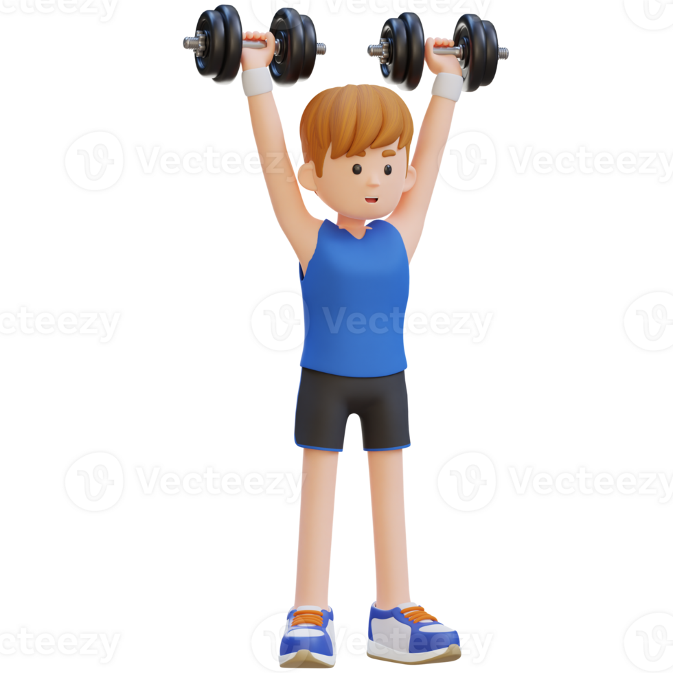 3D Sportsman Character Performing Dumbbell Shoulder Press png