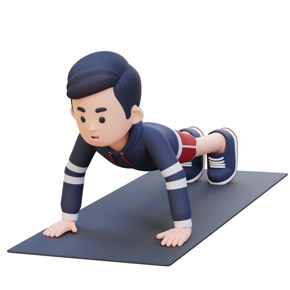 3D Sporty Male Character Performing Standard Push Up Exercise at Home Gym png