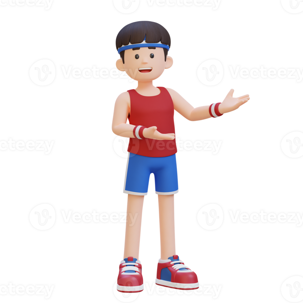 3D Sportsman Character Embracing Confidence with a Dynamic Hand Presentation Pose png