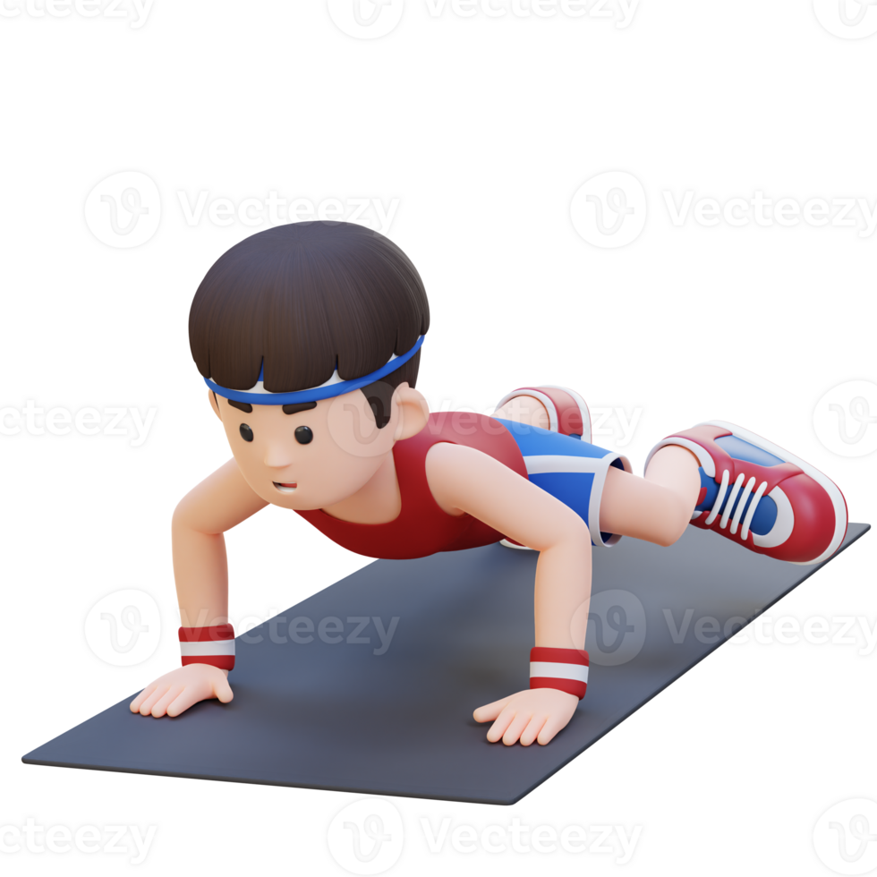 3D Sporty Male Character Performing Spiderman Push Up Exercise at Home Gym png