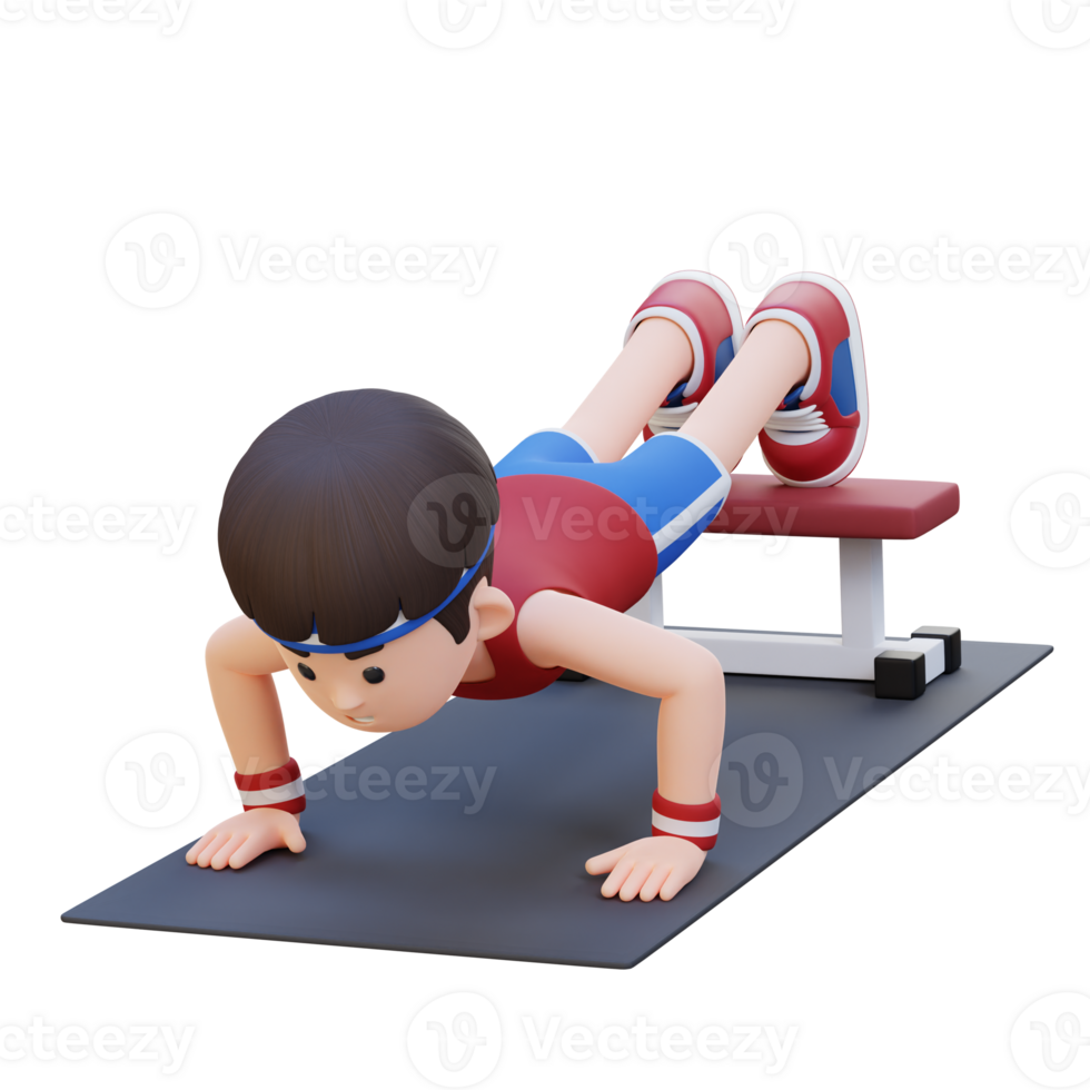 3D Sporty Male Character Performing Decline Push Up Exercise at the Gym png