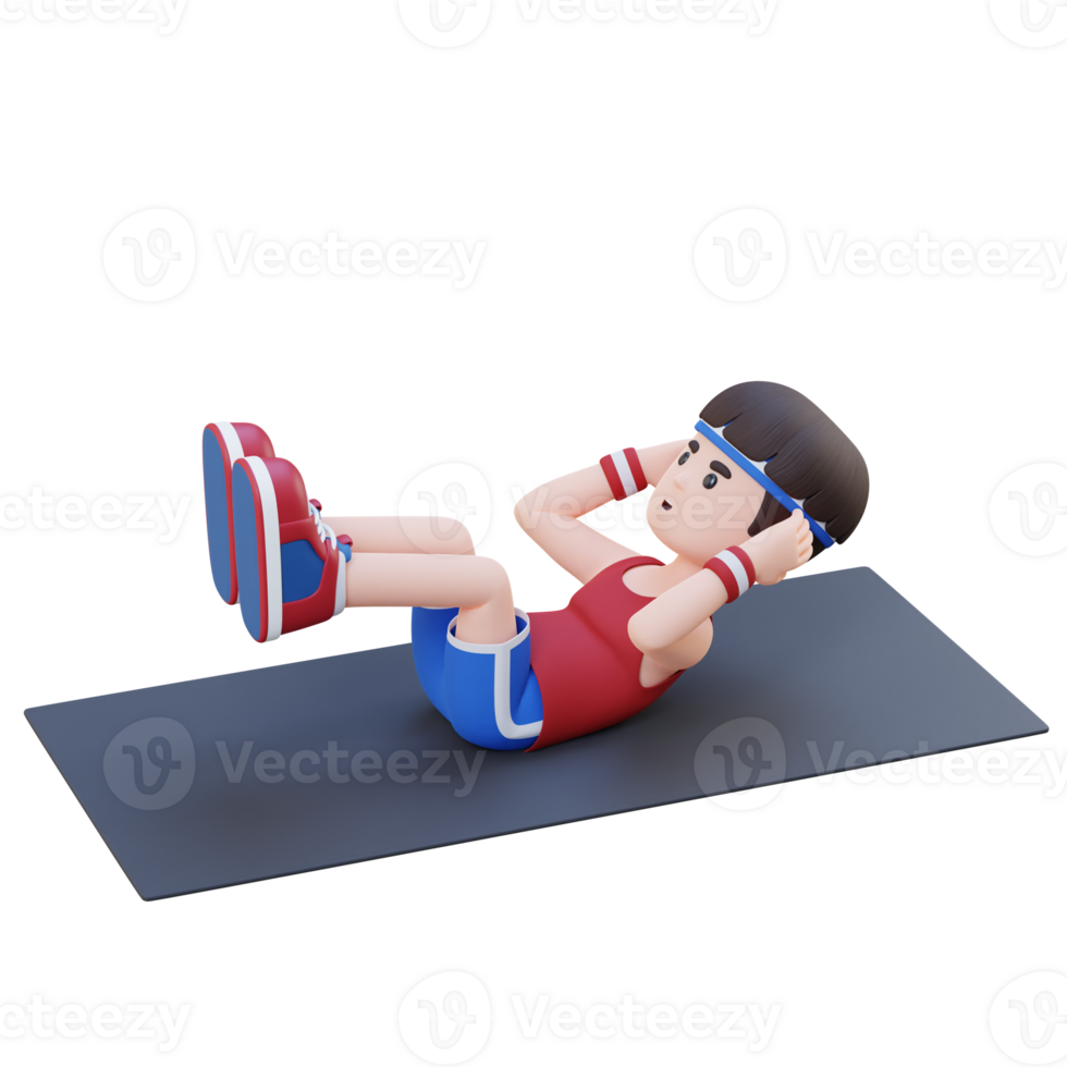 Perfect Abs 3D Sporty Male Character Excelling in Raised Leg Crunch at the Gym png