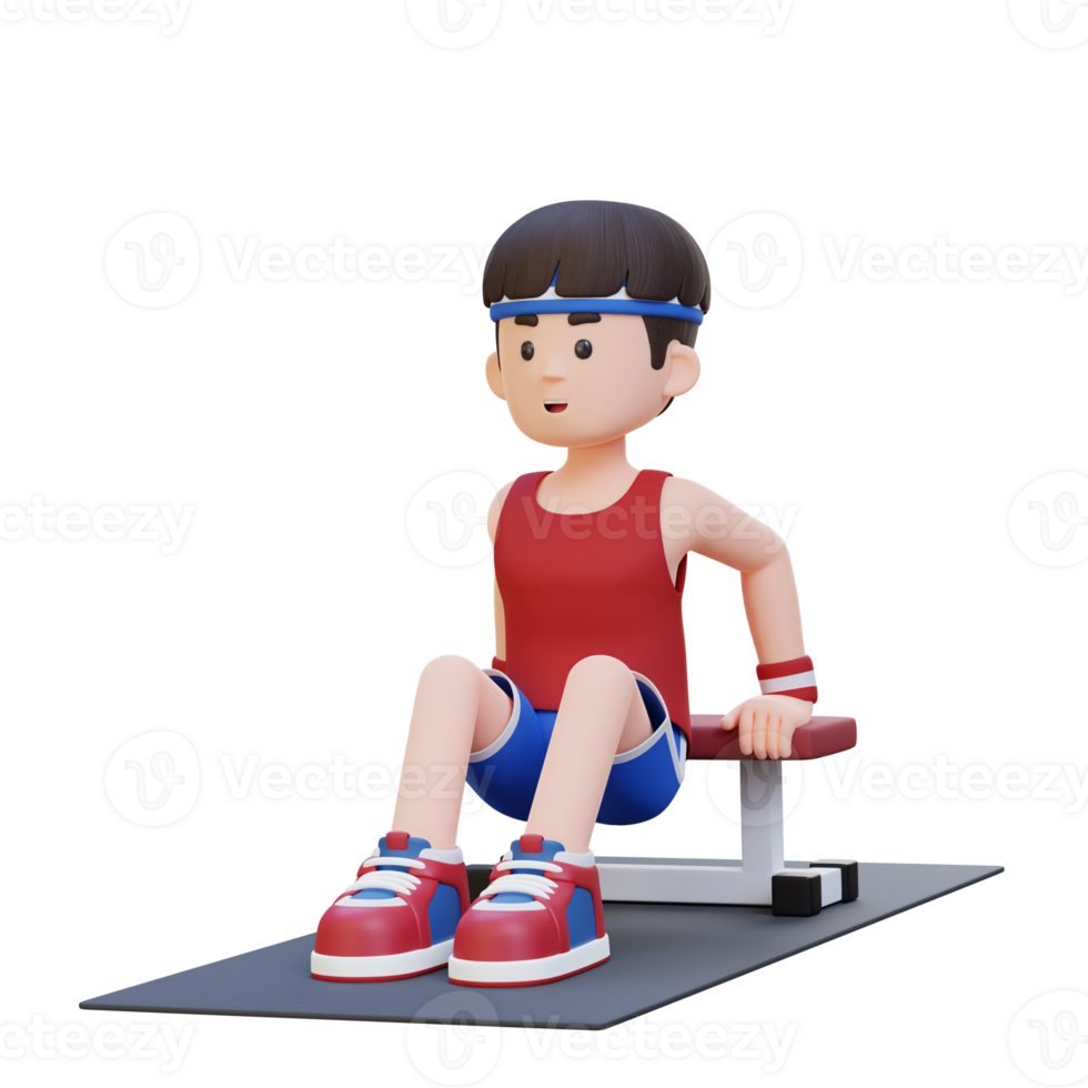 3D Sporty Male Character Building Power with Dips at Gym png