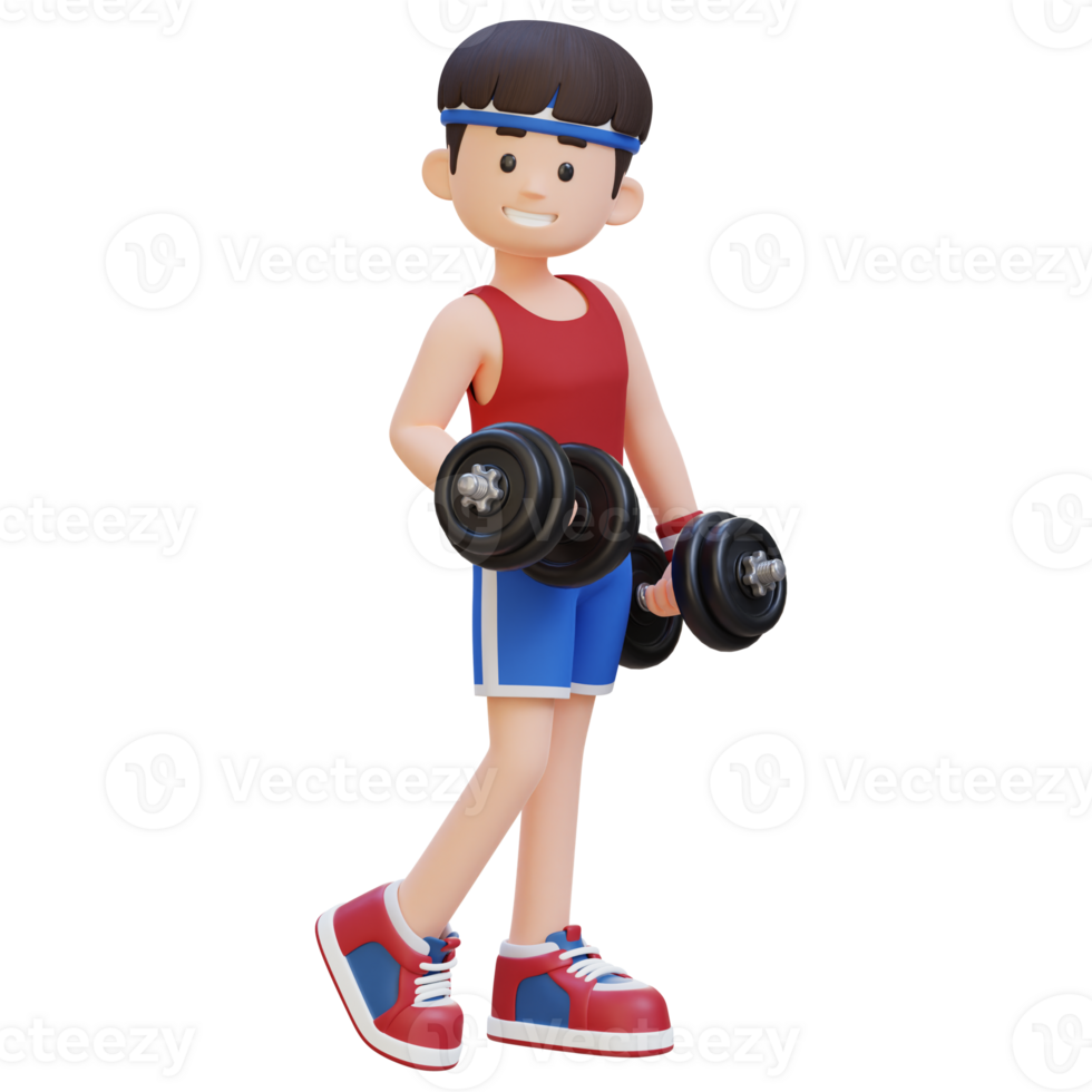 3D Sporty Male Character Showcasing Cool Standing Pose and Holding Dumbbell with Confidence png