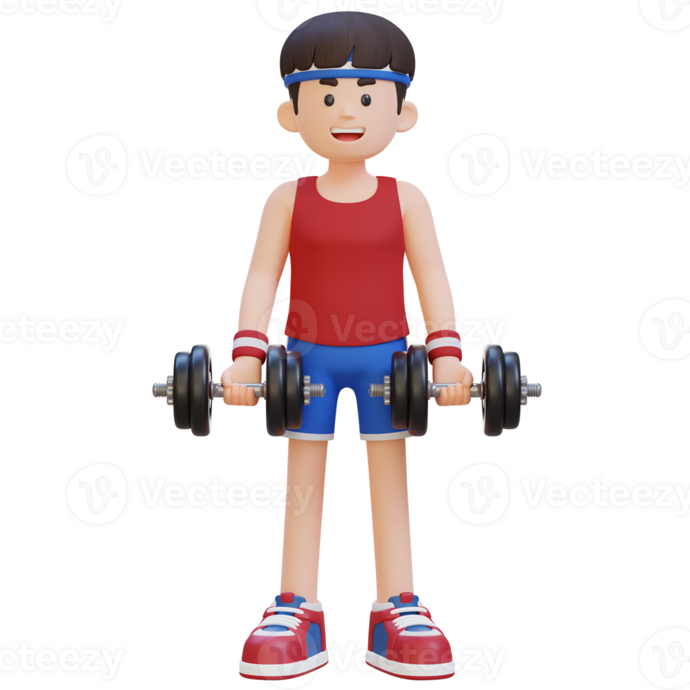 3d sportif personnage performant biceps boucle avec haltère png