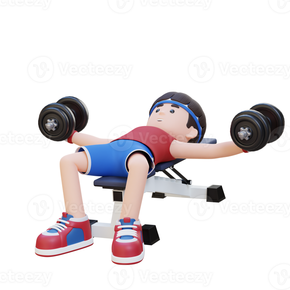 3D Sportsman Character Sculpting Muscular Chest with Dumbbell Bench Chest Fly png