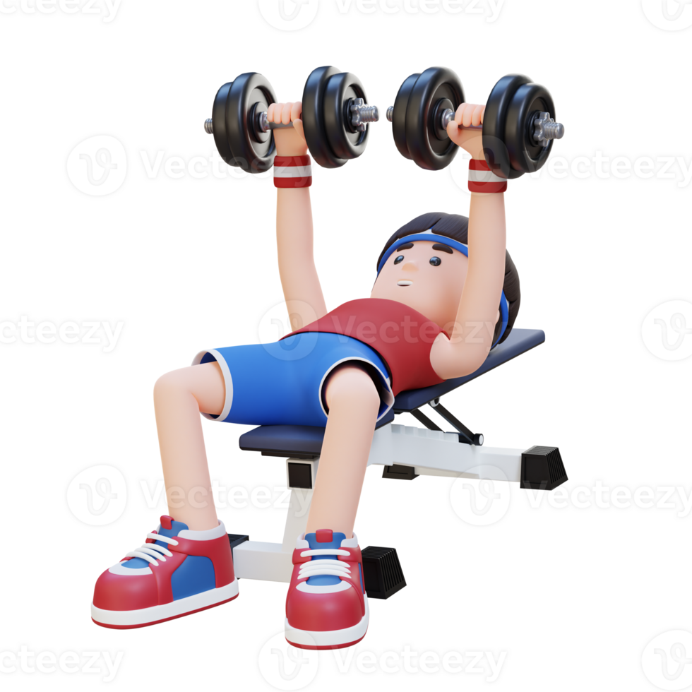 3D Sportsman Character Sculpting Muscular Physique with Dumbbell Bench Press png
