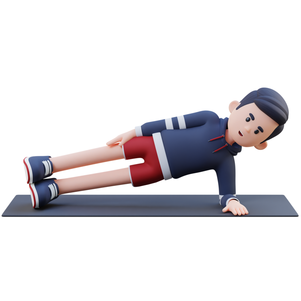 3D Sporty Male Character Nailing the Side Plank Exercise at Home Gym png