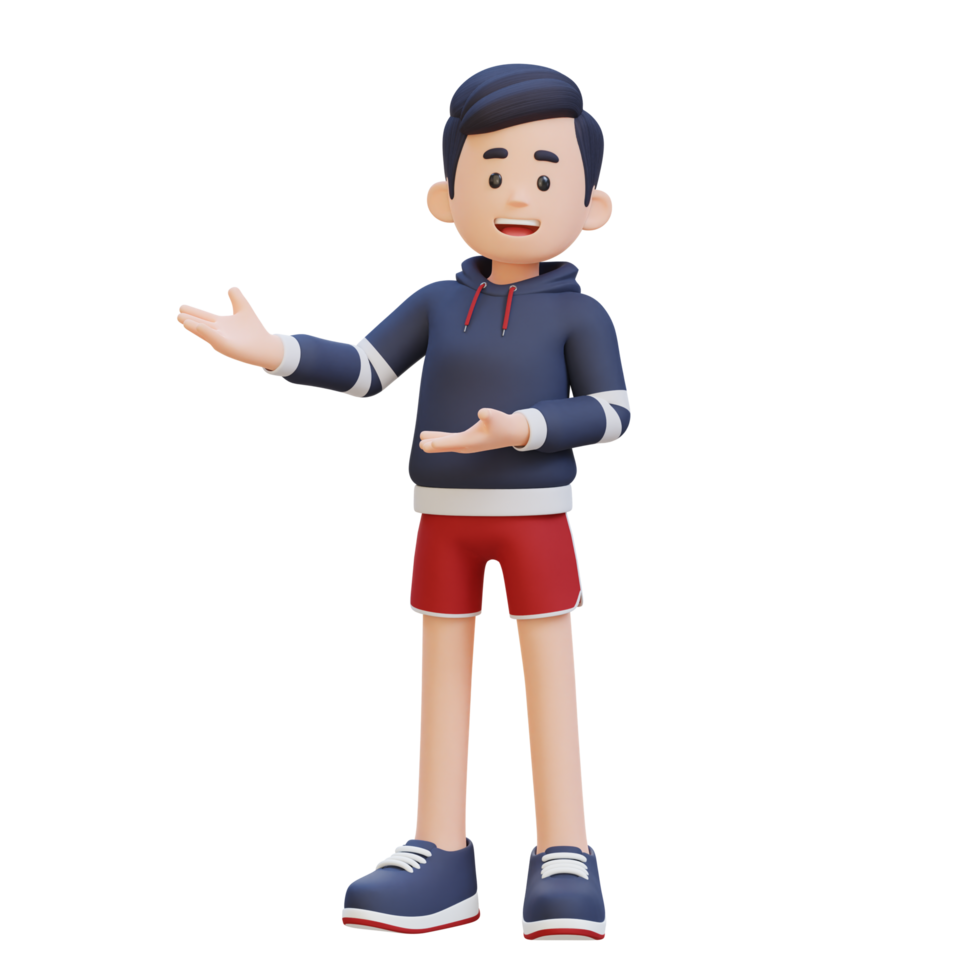 3D Sportsman Character Embracing Confidence with a Dynamic Hand Presentation Pose png