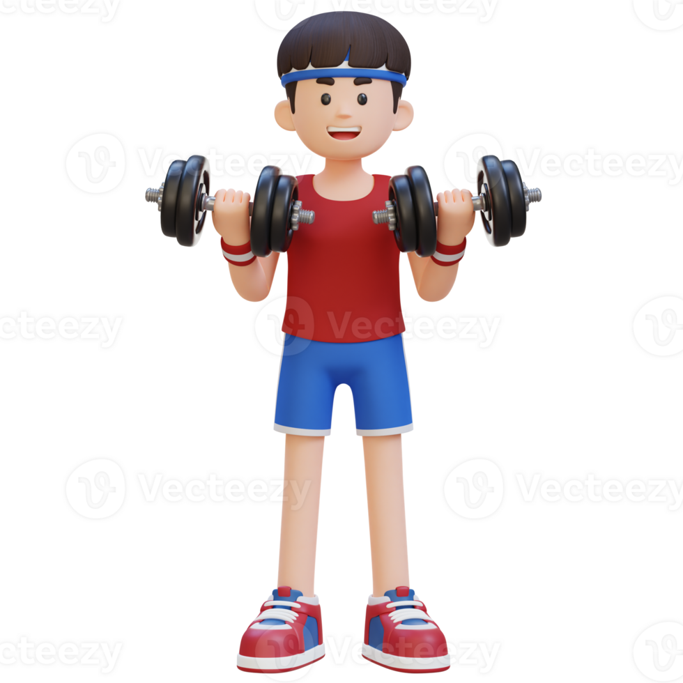 3d deportista personaje ejecutando bíceps rizo con pesa png