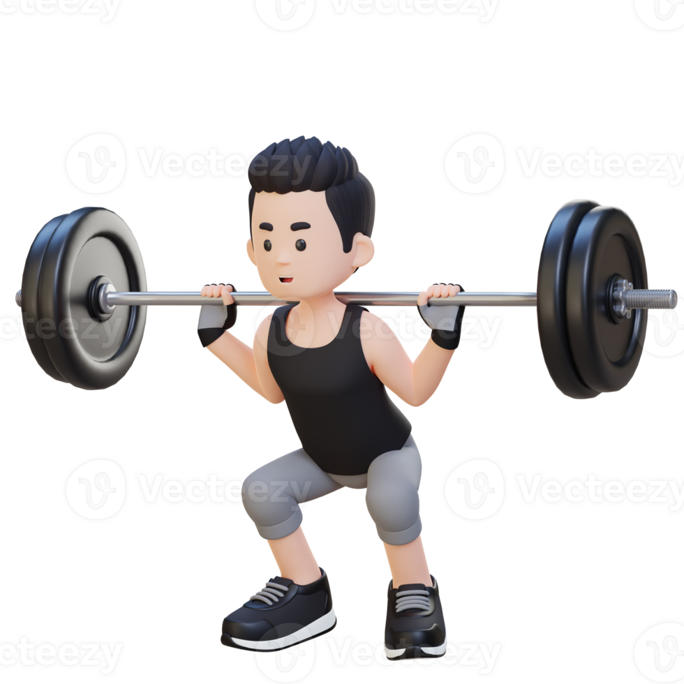 3D Sportsman Character Building Lower Body Strength with Barbell Squat Workout png
