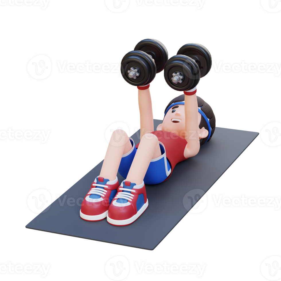 3D Sportsman Character Performing Dumbbell Chest Fly png