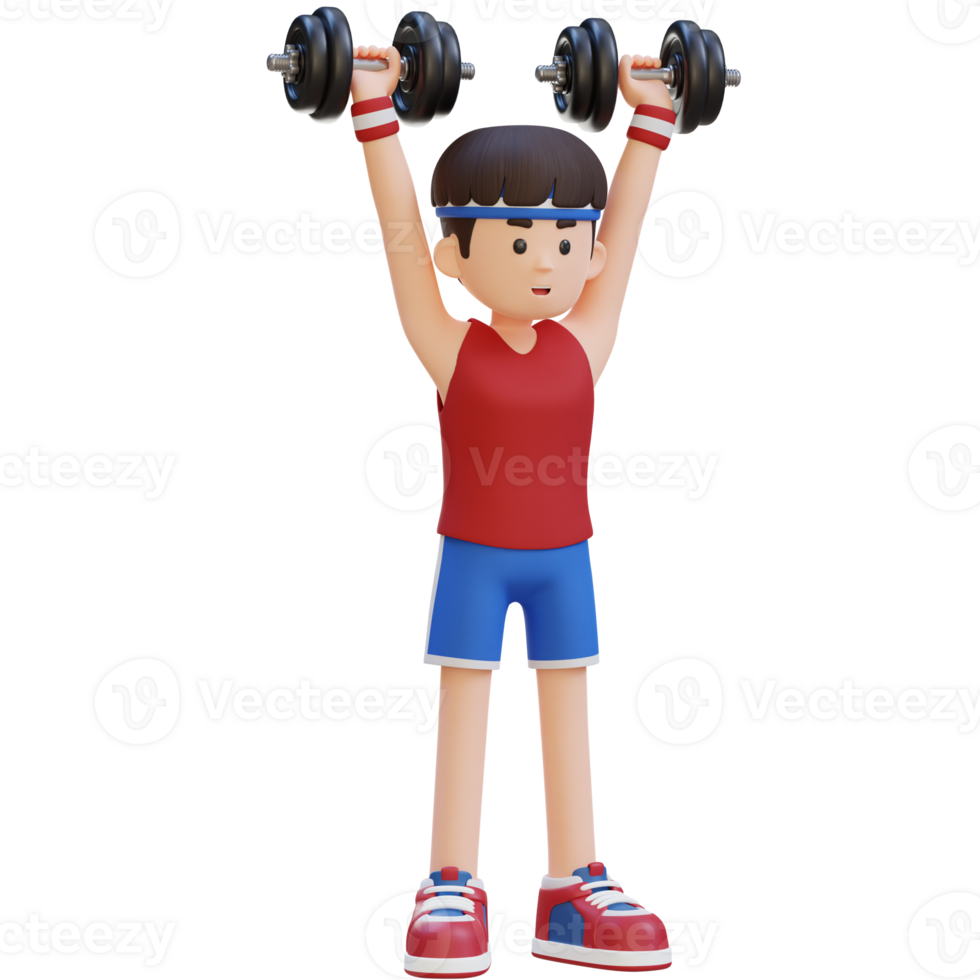 3D Sportsman Character Performing Dumbbell Shoulder Press png