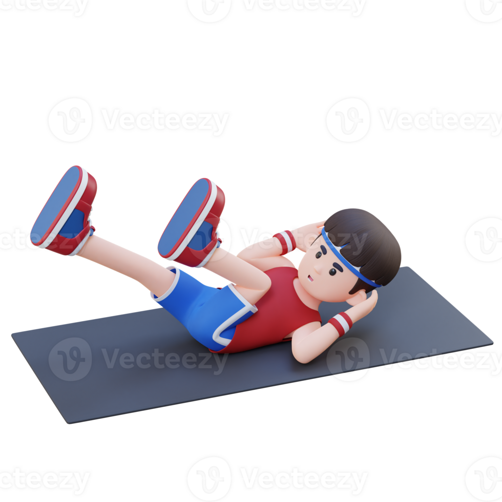Perfect Abs 3D Sporty Male Character Mastering Bicycle Crunch at the Gym png