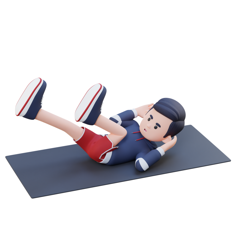 Perfect Abs 3D Sporty Male Character Mastering Bicycle Crunch at the Gym png