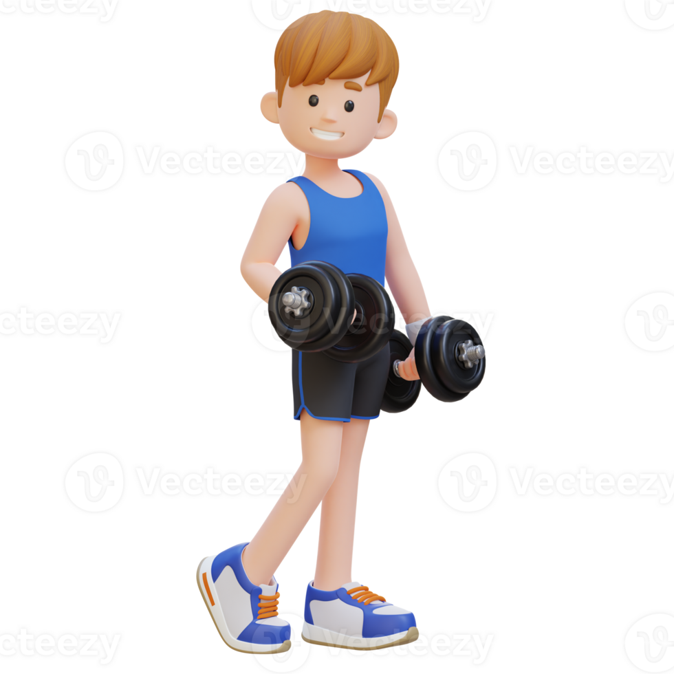 3D Sporty Male Character Showcasing Cool Standing Pose and Holding Dumbbell with Confidence png