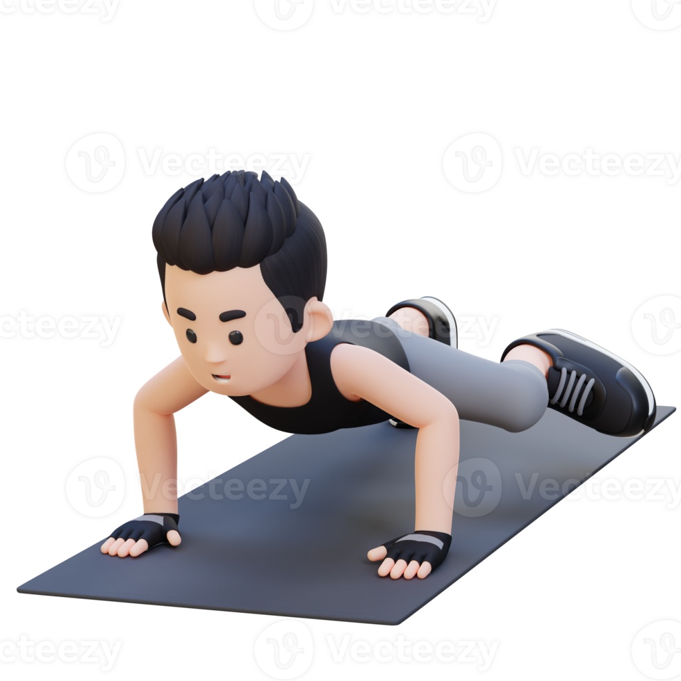 3D Sporty Male Character Performing Spiderman Push Up Exercise at Home Gym png