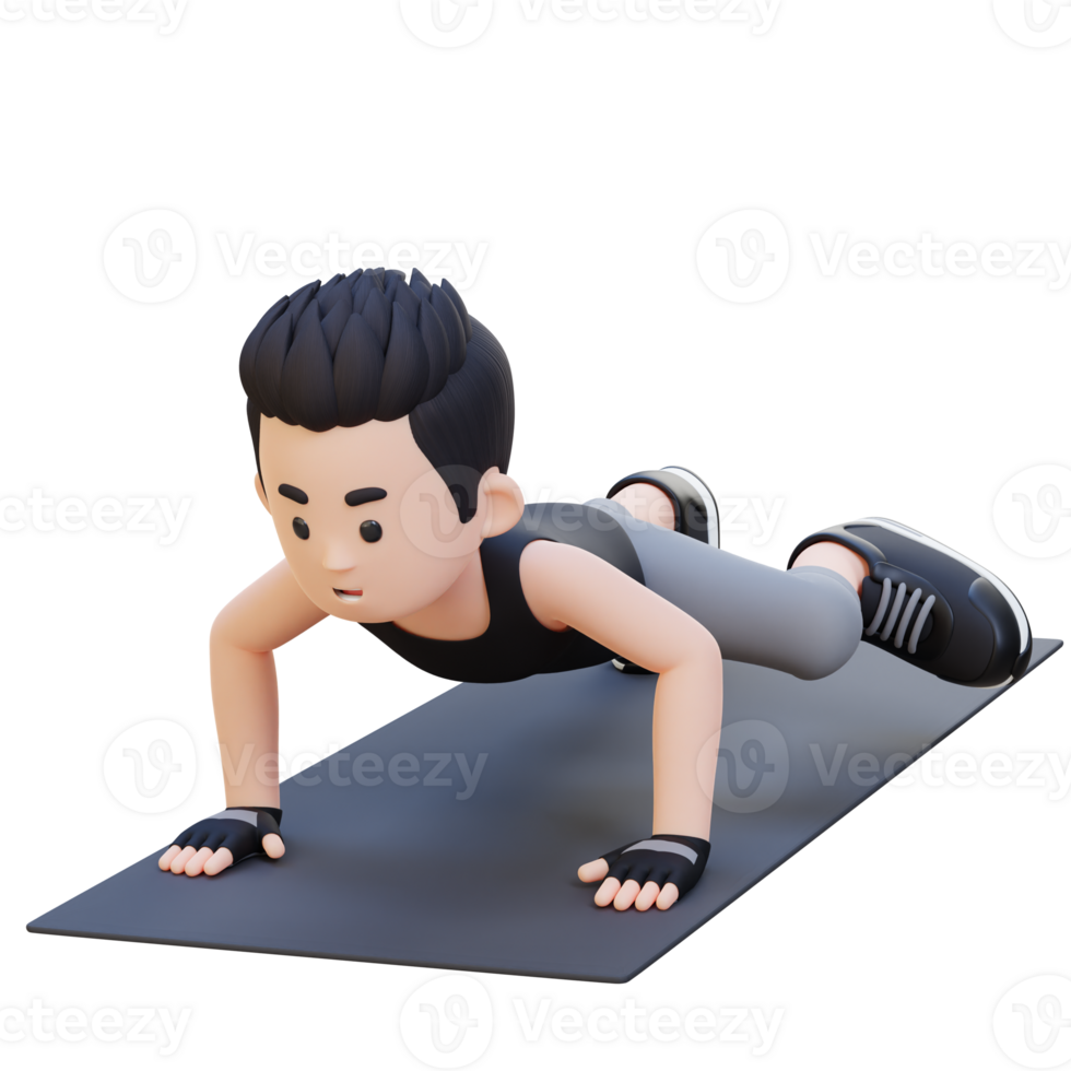 3d deportivo masculino personaje ejecutando hombre araña empujar arriba ejercicio a hogar gimnasio png