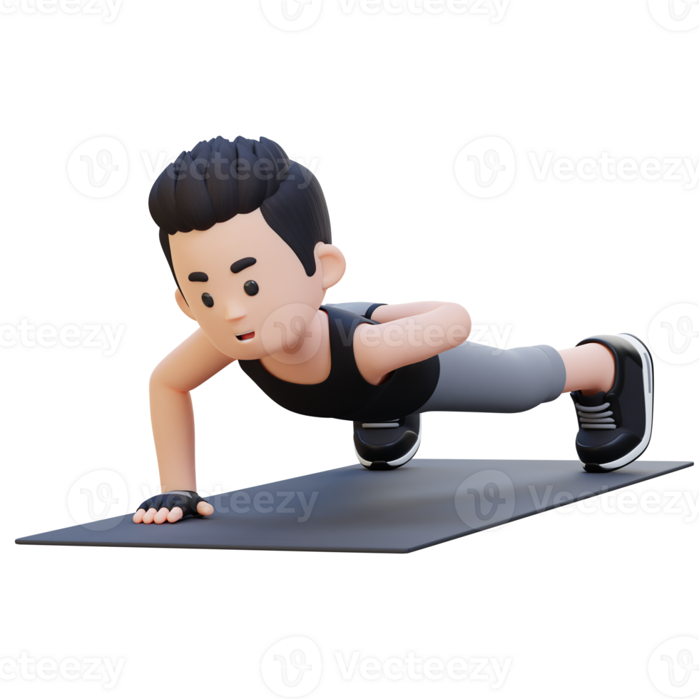 3D Sporty Male Character Mastering Single Arm Push Up at the Gym png