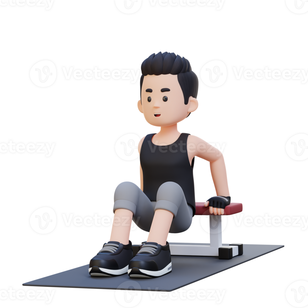 3D Sporty Male Character Building Power with Dips at Gym png