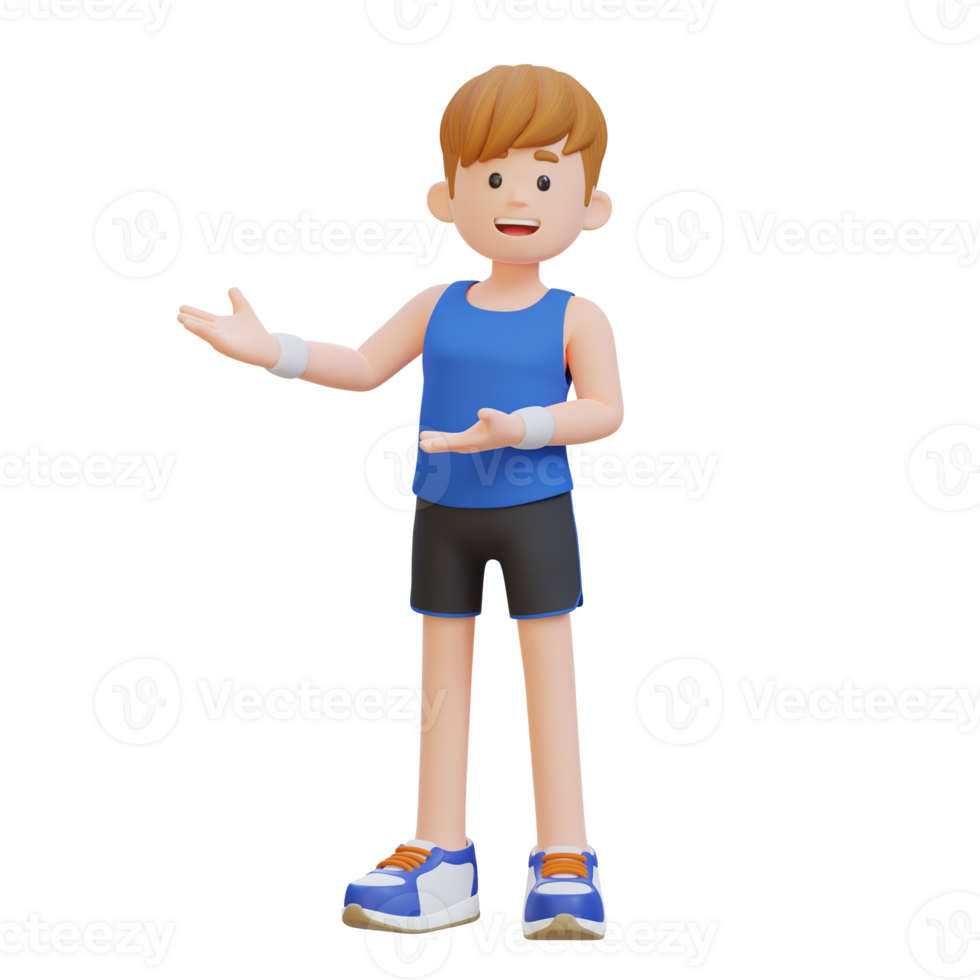 3D Sportsman Character Embracing Confidence with a Dynamic Hand Presentation Pose png