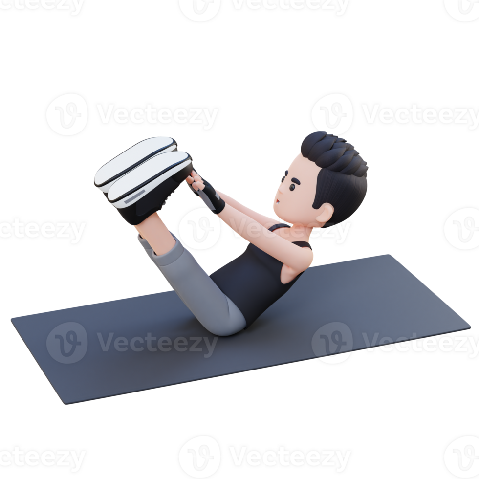 Dynamic 3D Sporty Male Character Performing Abs V Ups Workout at the Gym png