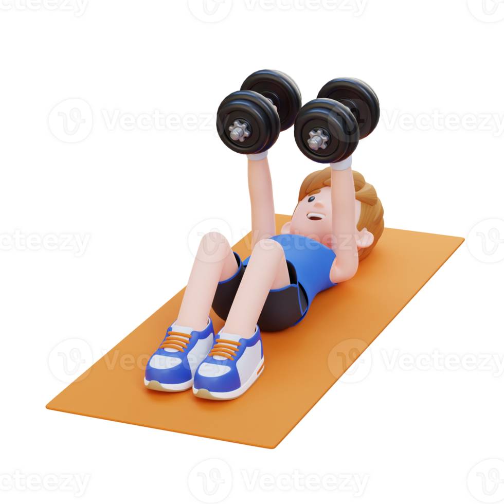 3D Sportsman Character Performing Dumbbell Chest Fly png
