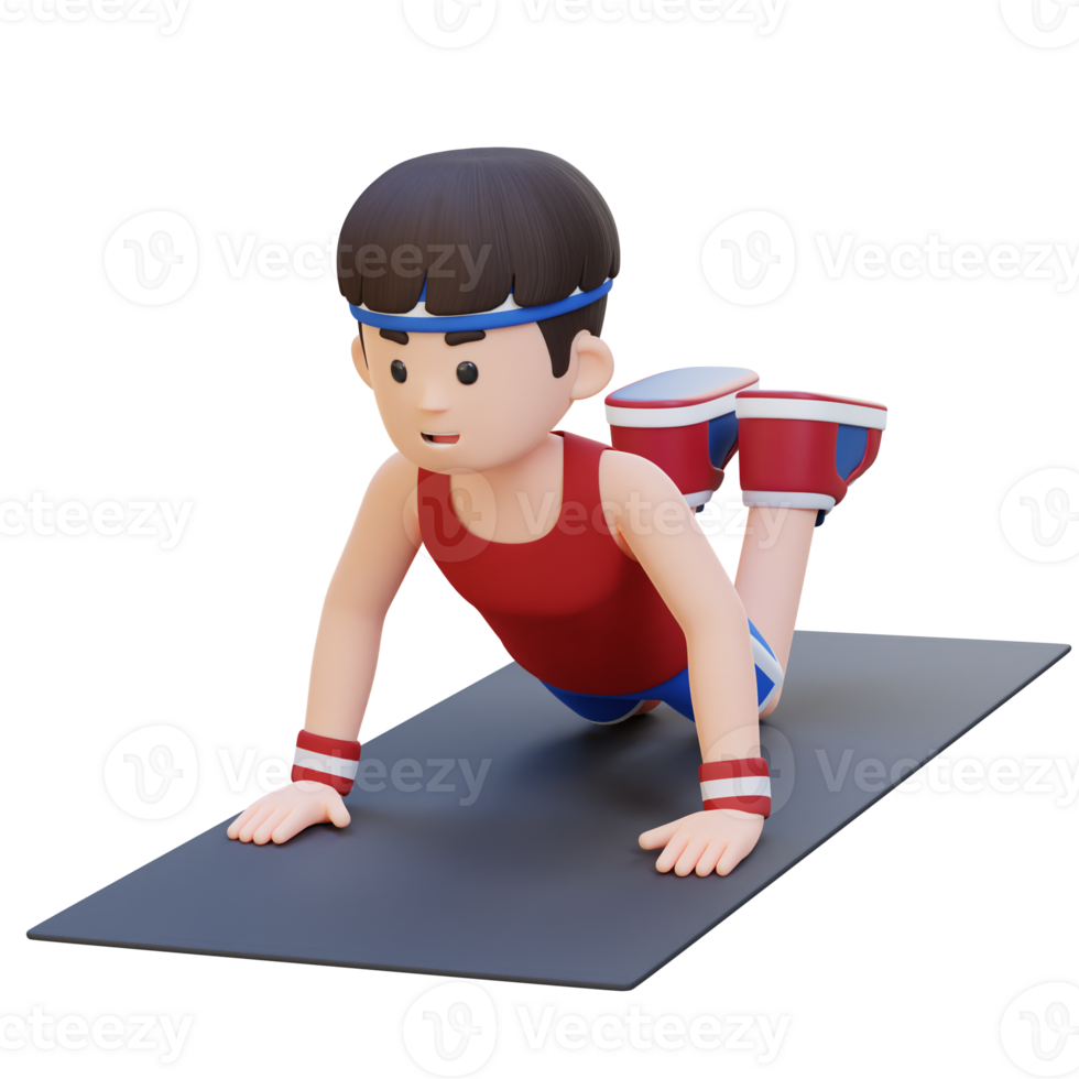 3D Sporty Male Character Mastering Knee Push Up Exercise at Home Gym png
