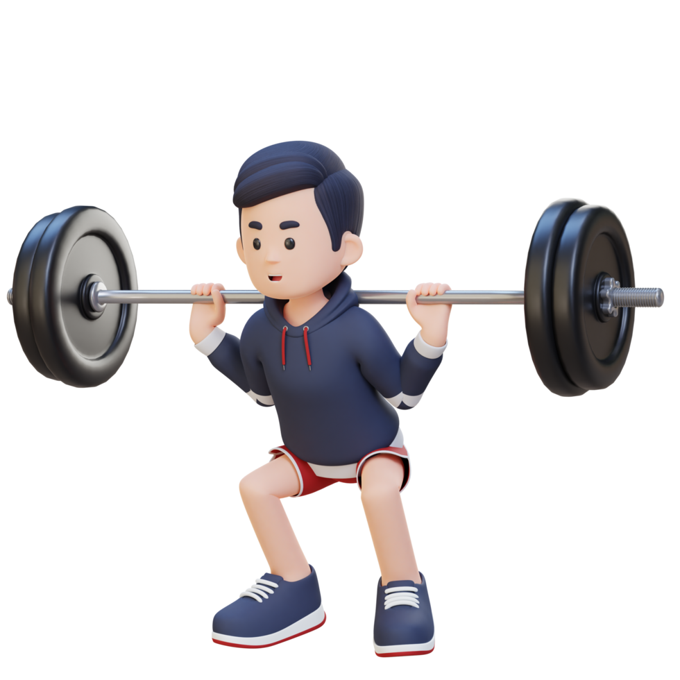 3D Sportsman Character Building Lower Body Strength with Barbell Squat Workout png