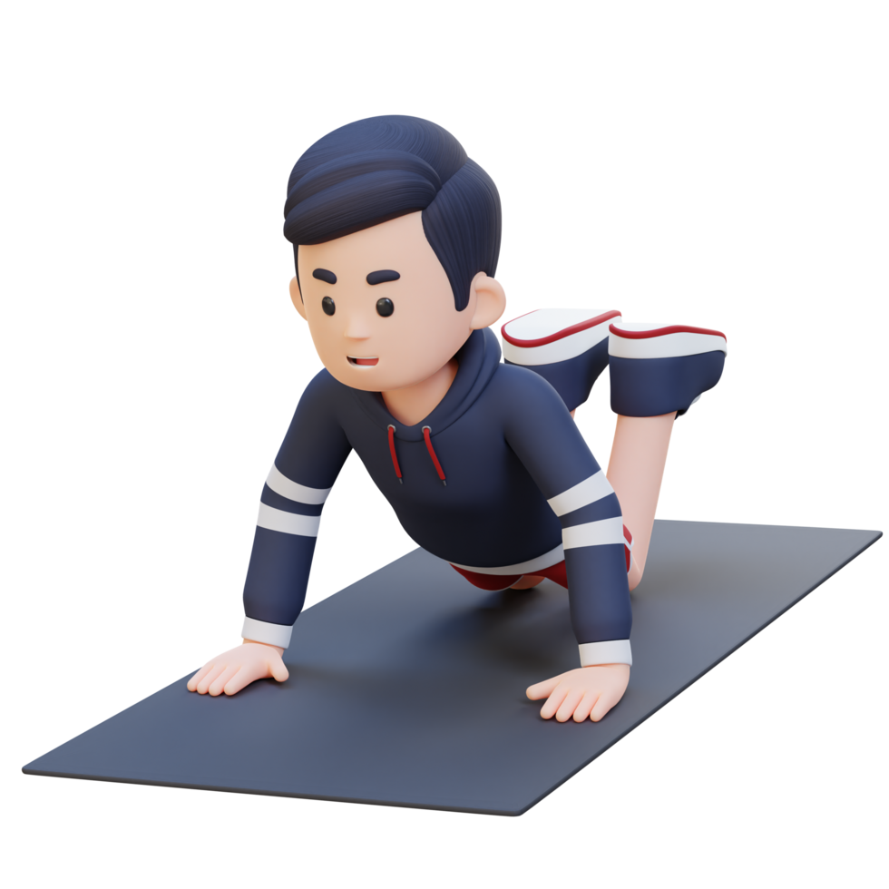 3D Sporty Male Character Mastering Knee Push Up Exercise at Home Gym png