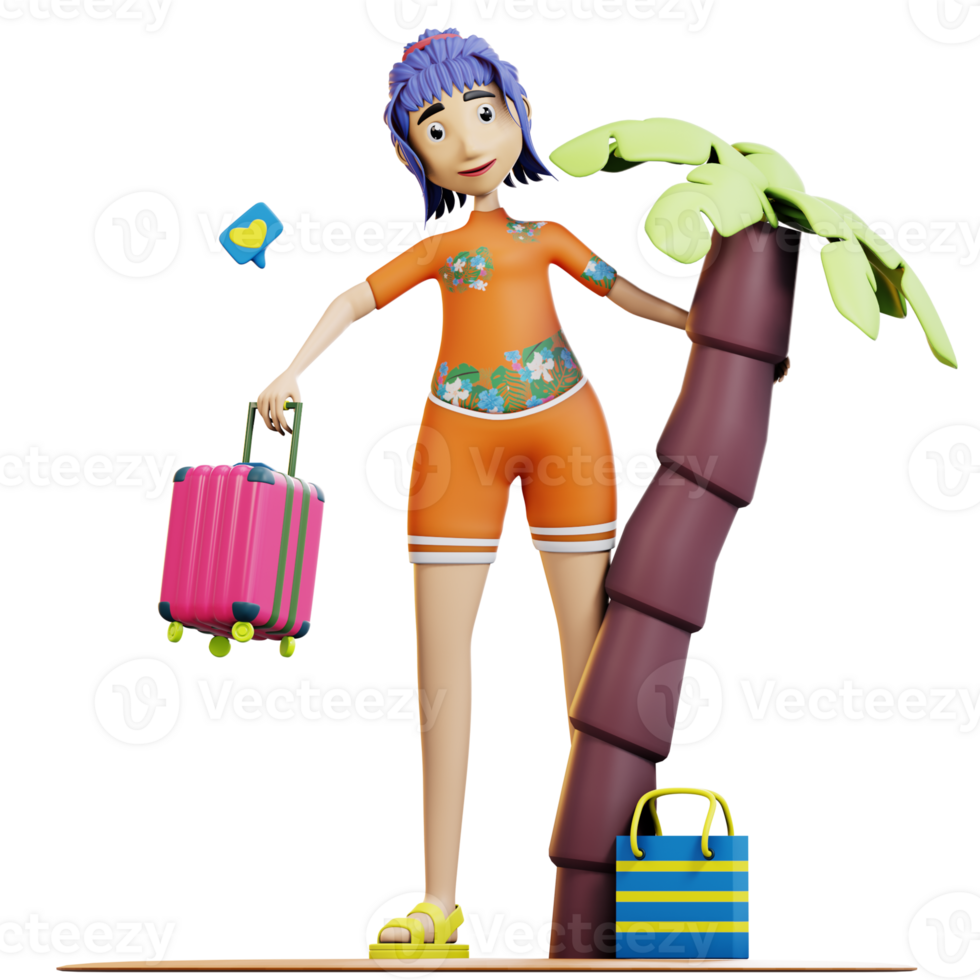 3d female summer with suitcase png