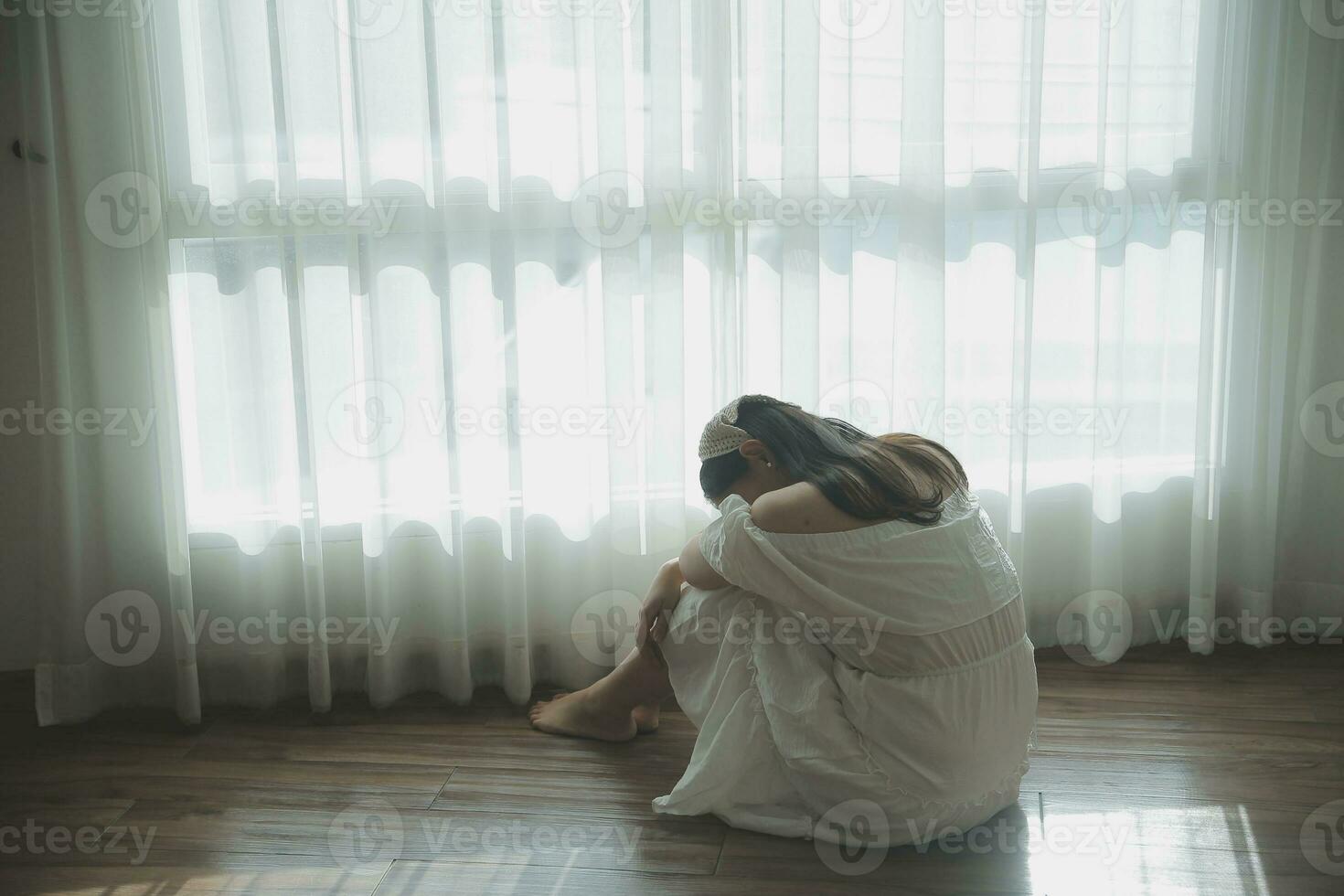panic attacks alone young girl sad fear stressful depressed emotional.crying use hand cover face begging help.stop abusing domestic violence in women,person with health anxiety,people bad feeling down photo