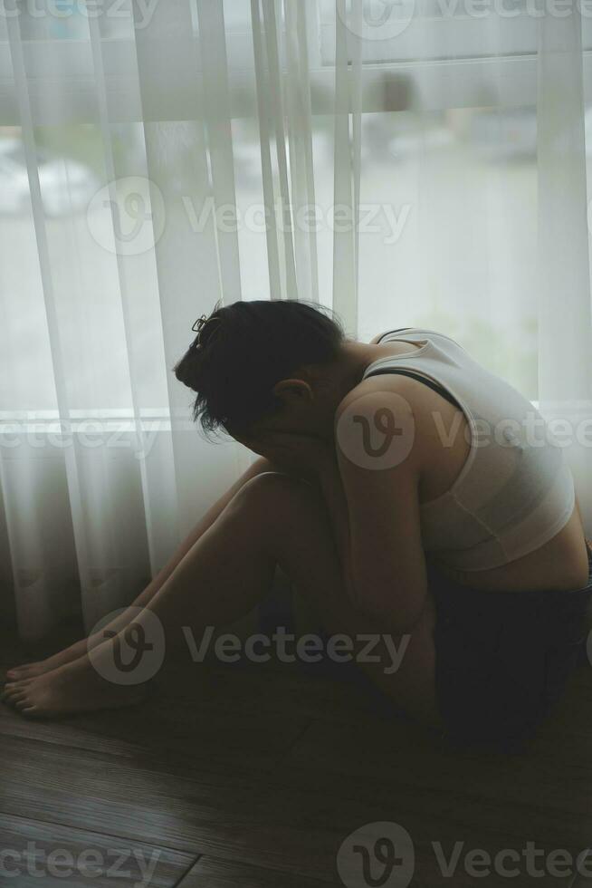 panic attacks alone young girl sad fear stressful depressed emotional.crying use hand cover face begging help.stop abusing domestic violence in women,person with health anxiety,people bad feeling down photo