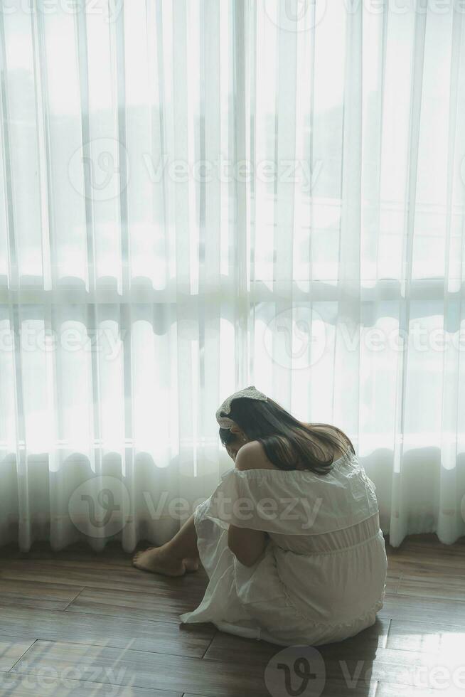 panic attacks alone young girl sad fear stressful depressed emotional.crying use hand cover face begging help.stop abusing domestic violence in women,person with health anxiety,people bad feeling down photo