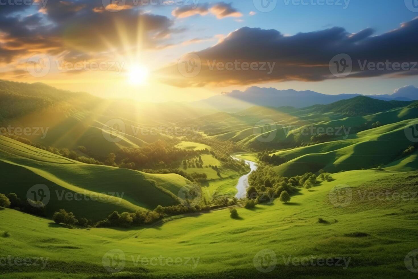The sun rises over a hillside with grassy fields and an area with a hill. photo