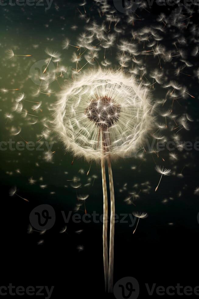 Dandelion seeds, tumbling through the air. AI generative photo