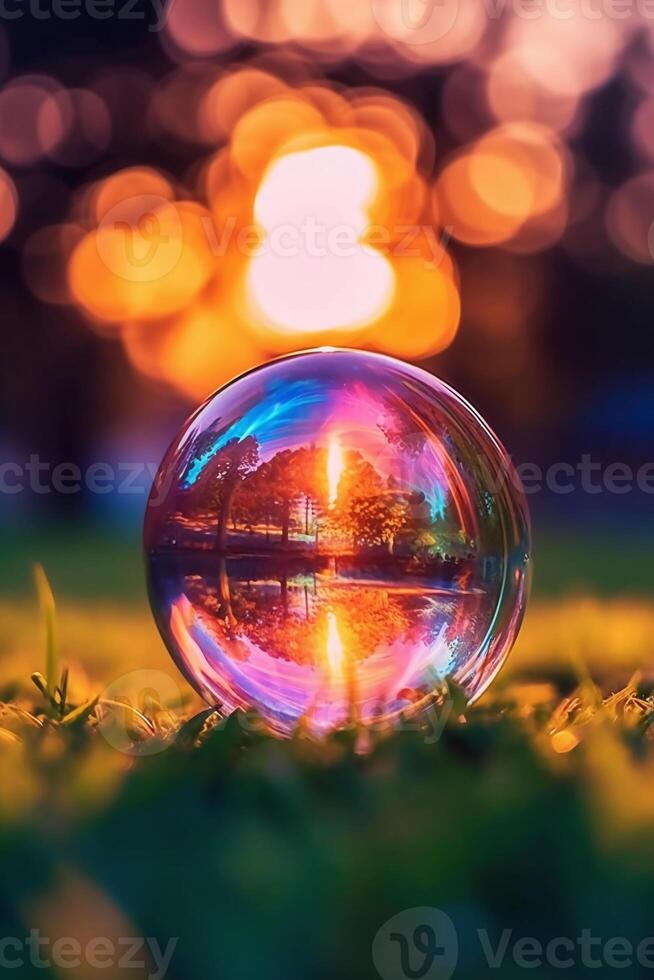realistic colorful soap bubble in the morning sun. photo